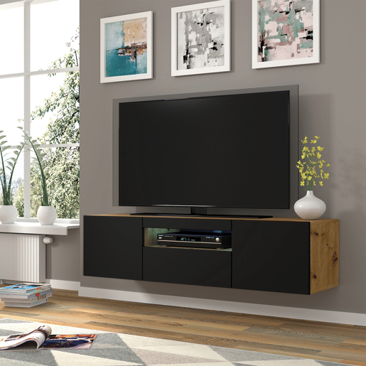 Móvel de parede Aurus Preto e Madeira com 3 portas para TV LED 150 cm