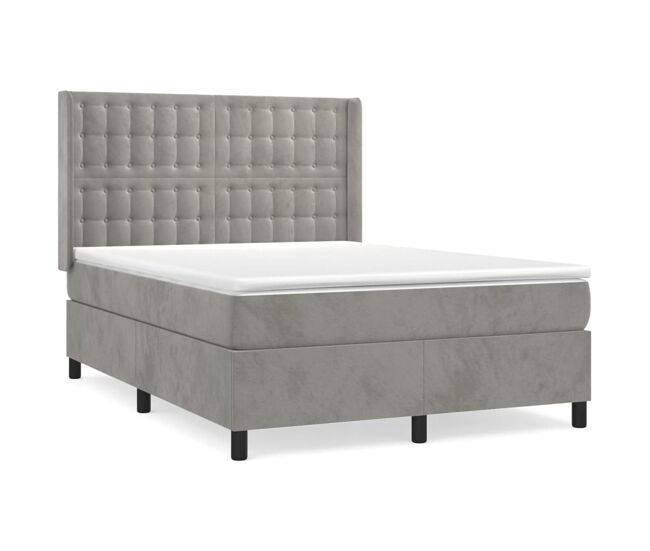 Cama box spring con colchón terciopelo gris claro 140x190 cm botones