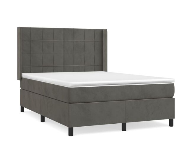 Cama box spring con colchón terciopelo gris oscuro 140x200 cm bloques con cuadros