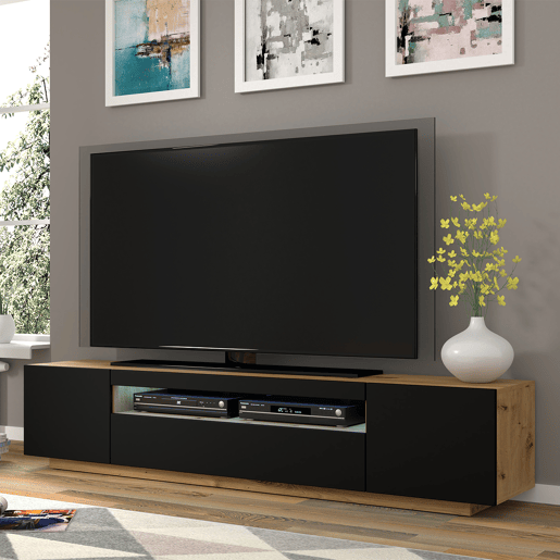 Móvel TV mural 3 portas 200 cm LED Aurus Preto e Madeira