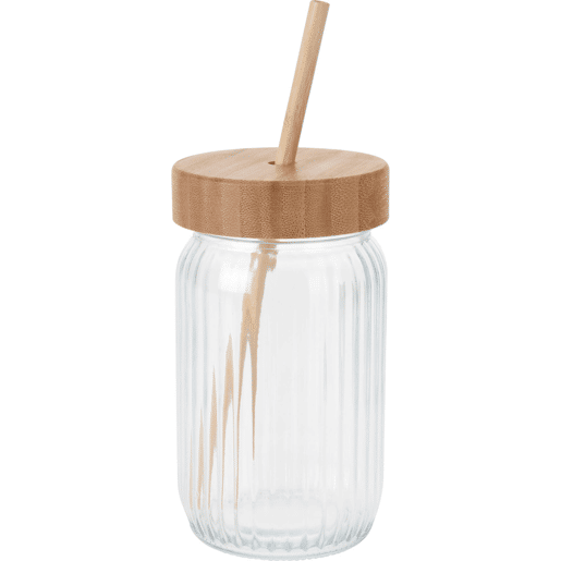 Copo de vidro com tampa de bambu Well Home 500ml Copo de vidro com tampa de bambu Well Home 500ml