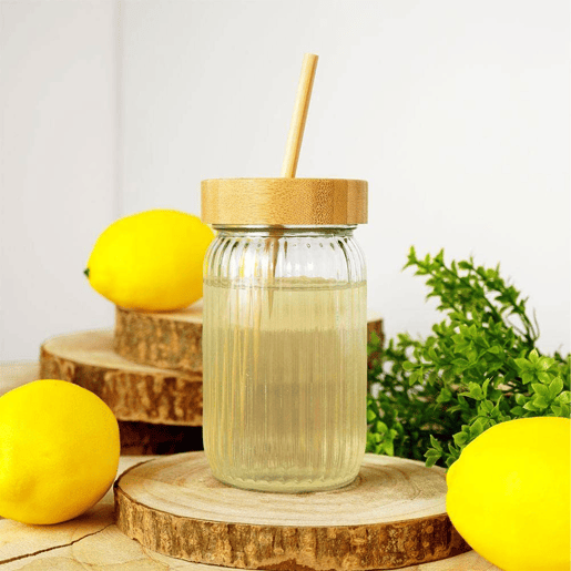 Copo de vidro com tampa de bambu Well Home 500ml Copo de vidro com tampa de bambu Well Home 500ml