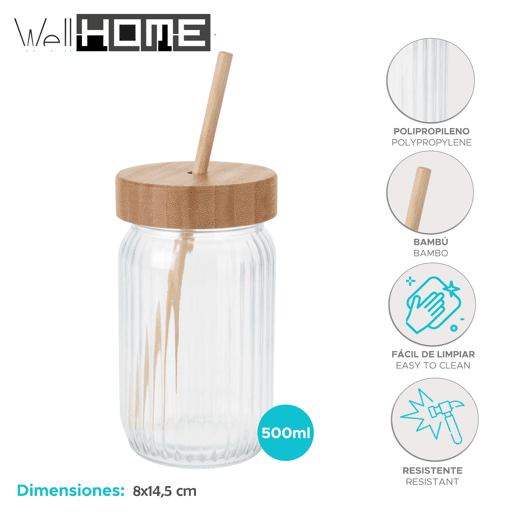 Copo de vidro com tampa de bambu Well Home 500ml Copo de vidro com tampa de bambu Well Home 500ml