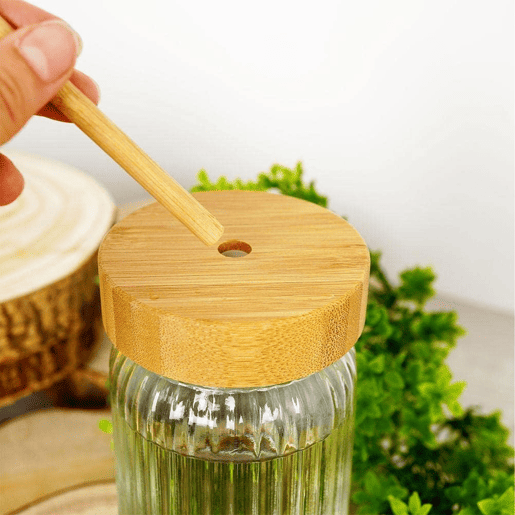Copo de vidro com tampa de bambu Well Home 500ml Copo de vidro com tampa de bambu Well Home 500ml