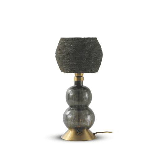 Candeeiro De Mesa De Vidro Preto Com Amostra De Fibra Natural Trançada Preta