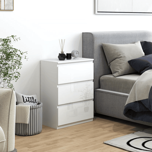 HOMCOM Cómoda com 3 Gavetas de Madeira Cómoda de Dormitório Cómoda Branca para Sala de Estar Estilo Moderno 55x34x75 cm Branco Brilhante