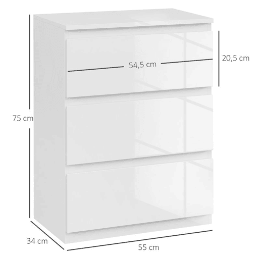 HOMCOM Cómoda com 3 Gavetas de Madeira Cómoda de Dormitório Cómoda Branca para Sala de Estar Estilo Moderno 55x34x75 cm Branco Brilhante