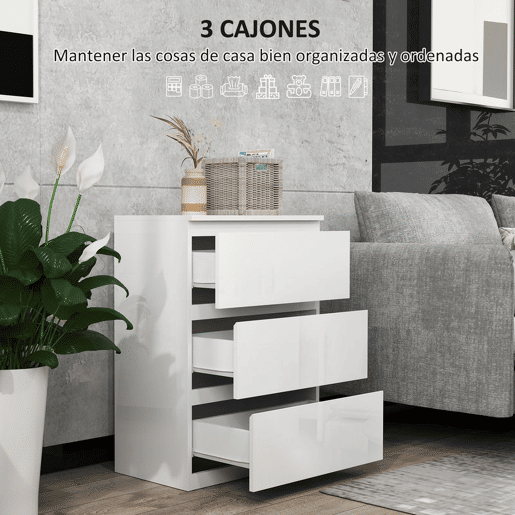 HOMCOM Cómoda com 3 Gavetas de Madeira Cómoda de Dormitório Cómoda Branca para Sala de Estar Estilo Moderno 55x34x75 cm Branco Brilhante