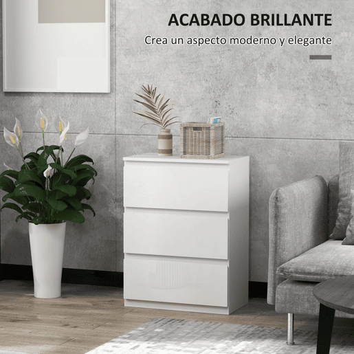 HOMCOM Cómoda com 3 Gavetas de Madeira Cómoda de Dormitório Cómoda Branca para Sala de Estar Estilo Moderno 55x34x75 cm Branco Brilhante