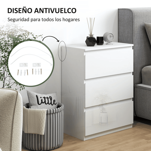 HOMCOM Cómoda com 3 Gavetas de Madeira Cómoda de Dormitório Cómoda Branca para Sala de Estar Estilo Moderno 55x34x75 cm Branco Brilhante