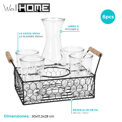 Well Home Conjunto de 4 copos de 450ml + jarra de vidro de 1L