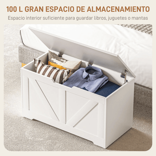 HOMCOM Baú de Armazenamento para Dormitório 100L Baú de Arrumação com Tampa Banco de Armazenagem Versátil com Dobradiça de Segurança para Corredor Sala de Estar 80x40x45 cm Branco
