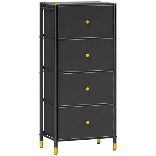 HOMCOM Cómoda para Dormitório Cómoda de Tecido com 4 Gavetas Dobráveis com Frentes de Couro PU e Estrutura de Aço Cómoda para Dormitório 46x30x98 cm Preto