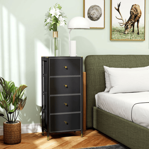 HOMCOM Cómoda para Dormitório Cómoda de Tecido com 4 Gavetas Dobráveis com Frentes de Couro PU e Estrutura de Aço Cómoda para Dormitório 46x30x98 cm Preto
