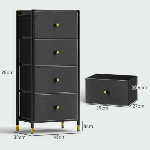 HOMCOM Cómoda para Dormitório Cómoda de Tecido com 4 Gavetas Dobráveis com Frentes de Couro PU e Estrutura de Aço Cómoda para Dormitório 46x30x98 cm Preto