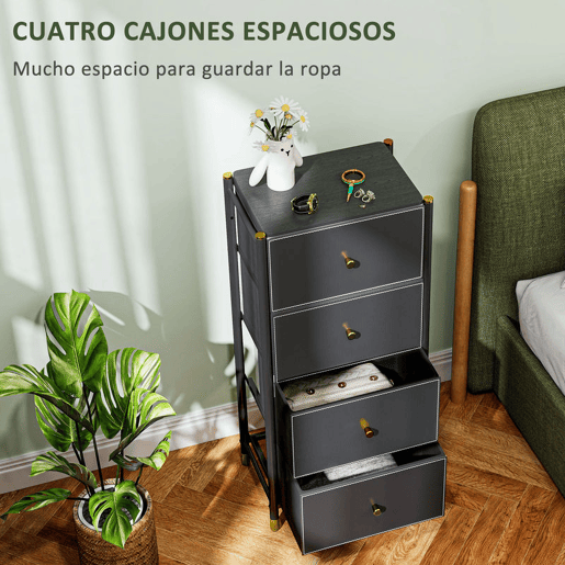 HOMCOM Cómoda para Dormitório Cómoda de Tecido com 4 Gavetas Dobráveis com Frentes de Couro PU e Estrutura de Aço Cómoda para Dormitório 46x30x98 cm Preto