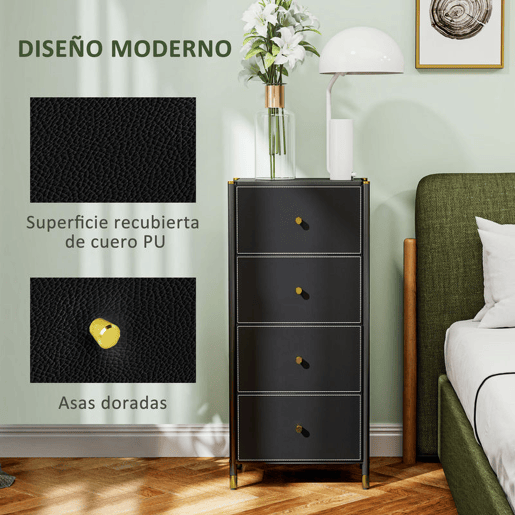 HOMCOM Cómoda para Dormitório Cómoda de Tecido com 4 Gavetas Dobráveis com Frentes de Couro PU e Estrutura de Aço Cómoda para Dormitório 46x30x98 cm Preto