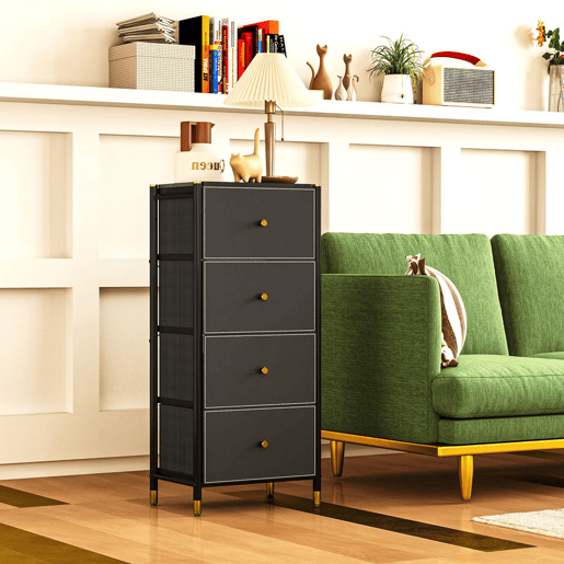 HOMCOM Cómoda para Dormitório Cómoda de Tecido com 4 Gavetas Dobráveis com Frentes de Couro PU e Estrutura de Aço Cómoda para Dormitório 46x30x98 cm Preto