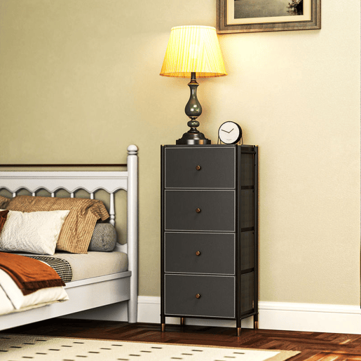 HOMCOM Cómoda para Dormitório Cómoda de Tecido com 4 Gavetas Dobráveis com Frentes de Couro PU e Estrutura de Aço Cómoda para Dormitório 46x30x98 cm Preto