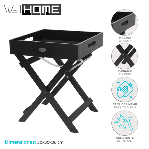 Well Home Bandeja de madeira com pernas dobráveis u200Bu200Bpreta 30x30x36cm