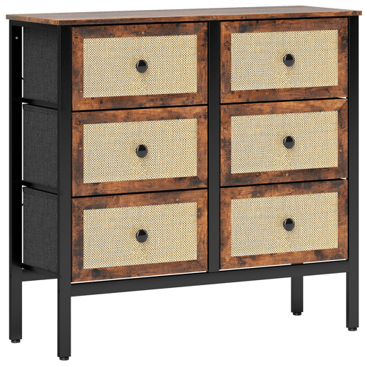 HOMCOM Cómoda para Dormitório Cómoda de Tecido com 6 Gavetas Dobráveis com Frentes de Vime e Estrutura de Aço Cómoda para Dormitório Sala de Estar 88x30x83 cm Marrom Rústico