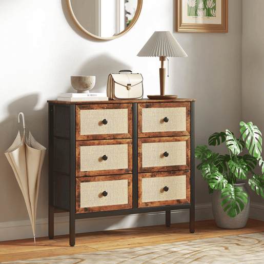 HOMCOM Cómoda para Dormitório Cómoda de Tecido com 6 Gavetas Dobráveis com Frentes de Vime e Estrutura de Aço Cómoda para Dormitório Sala de Estar 88x30x83 cm Marrom Rústico
