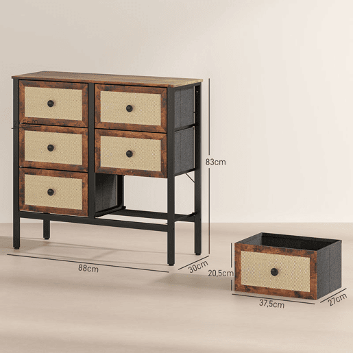 HOMCOM Cómoda para Dormitório Cómoda de Tecido com 6 Gavetas Dobráveis com Frentes de Vime e Estrutura de Aço Cómoda para Dormitório Sala de Estar 88x30x83 cm Marrom Rústico