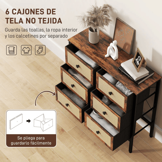 HOMCOM Cómoda para Dormitório Cómoda de Tecido com 6 Gavetas Dobráveis com Frentes de Vime e Estrutura de Aço Cómoda para Dormitório Sala de Estar 88x30x83 cm Marrom Rústico