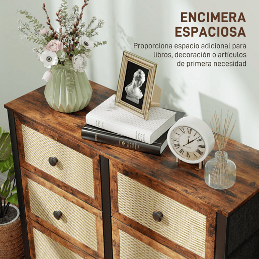 HOMCOM Cómoda para Dormitório Cómoda de Tecido com 6 Gavetas Dobráveis com Frentes de Vime e Estrutura de Aço Cómoda para Dormitório Sala de Estar 88x30x83 cm Marrom Rústico