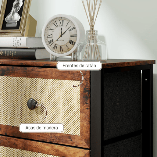 HOMCOM Cómoda para Dormitório Cómoda de Tecido com 6 Gavetas Dobráveis com Frentes de Vime e Estrutura de Aço Cómoda para Dormitório Sala de Estar 88x30x83 cm Marrom Rústico