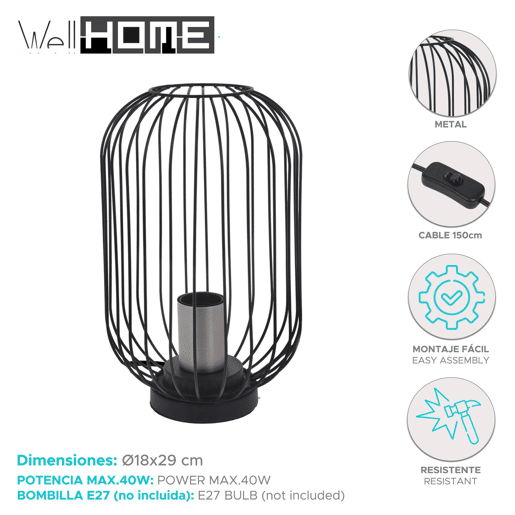 WELL HOME - Candeeiro de mesa de metal preto Ø18x29cm