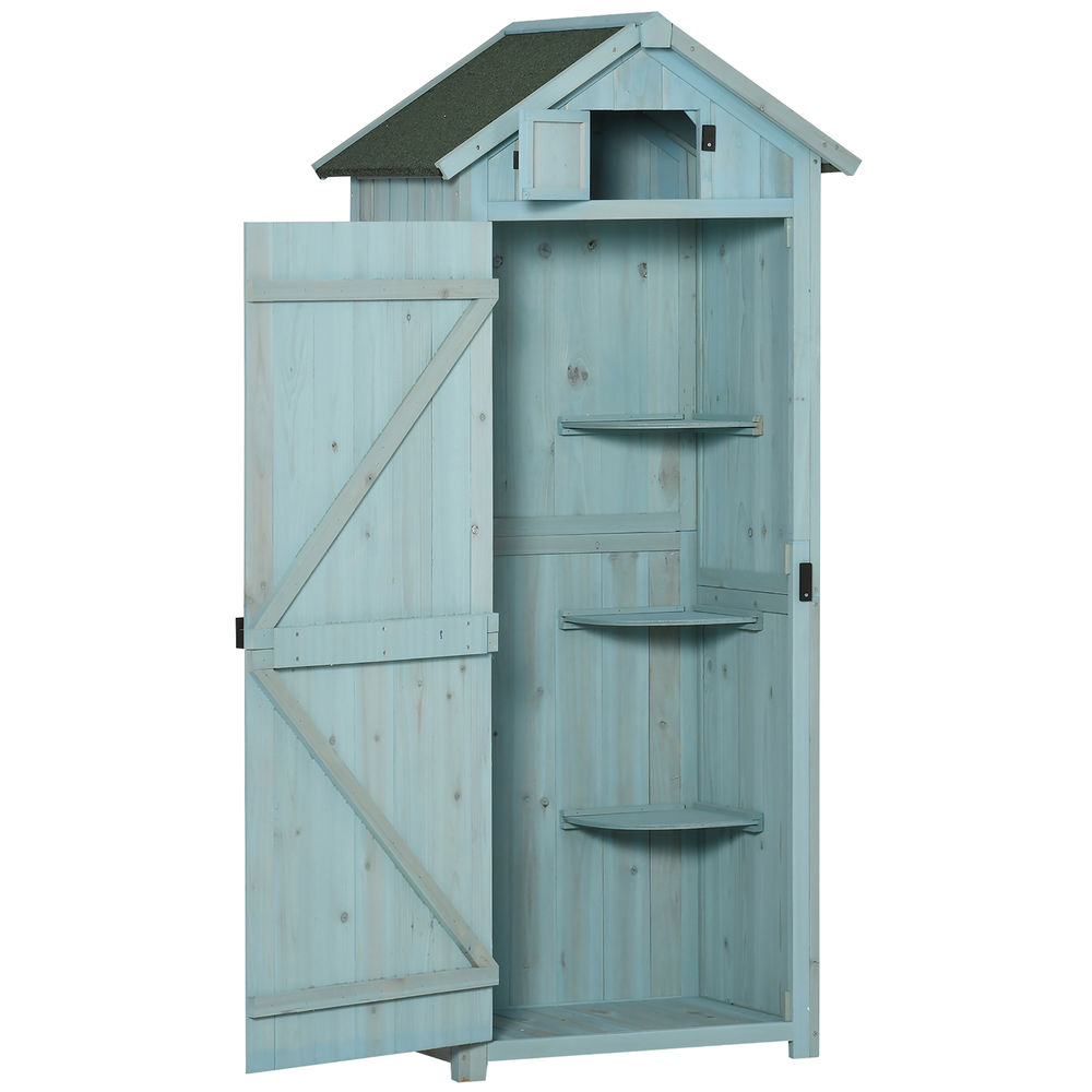 Outsunny armario de jardín de madera 77x54,2x179 cm 0,3 m² cobertizo para almacenaje de herramientas con 3 estantes y 2 puertas con cerrojo para patio terraza azul y verde