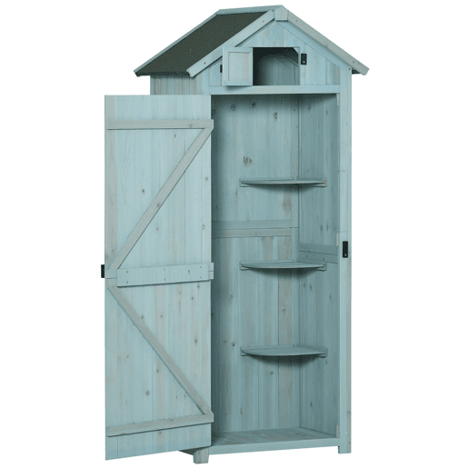 Outsunny Armário de Jardim de Madeira 77x54,2x179 cm 0,3 m² Armário de Armazenamento de Ferramentas com 3 Prateleiras e 2 Portas com Fechadura para Pátio Varanda Azul Claro