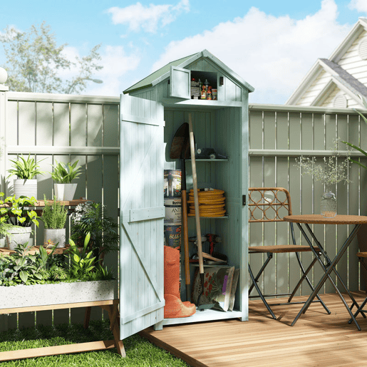 Outsunny Armário de Jardim de Madeira 77x54,2x179 cm 0,3 m² Armário de Armazenamento de Ferramentas com 3 Prateleiras e 2 Portas com Fechadura para Pátio Varanda Azul Claro