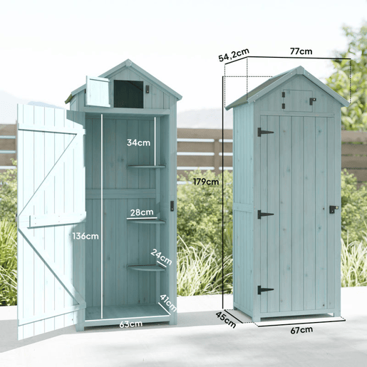 Outsunny Armário de Jardim de Madeira 77x54,2x179 cm 0,3 m² Armário de Armazenamento de Ferramentas com 3 Prateleiras e 2 Portas com Fechadura para Pátio Varanda Azul Claro