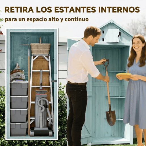 Outsunny Armário de Jardim de Madeira 77x54,2x179 cm 0,3 m² Armário de Armazenamento de Ferramentas com 3 Prateleiras e 2 Portas com Fechadura para Pátio Varanda Azul Claro