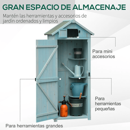 Outsunny Armário de Jardim de Madeira 77x54,2x179 cm 0,3 m² Armário de Armazenamento de Ferramentas com 3 Prateleiras e 2 Portas com Fechadura para Pátio Varanda Azul Claro
