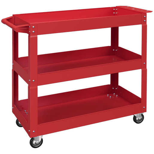 DURHAND Carrinho de Ferramentas com Rodas Carro de Ferramentas de Oficina de Aço com 3 Prateleiras de Armazenamento e Alça Lateral para Garagem Oficina Carga Máxima 150kg 83x35,3x76 cm Vermelho