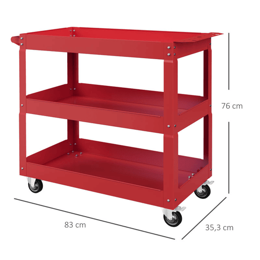 DURHAND Carrinho de Ferramentas com Rodas Carro de Ferramentas de Oficina de Aço com 3 Prateleiras de Armazenamento e Alça Lateral para Garagem Oficina Carga Máxima 150kg 83x35,3x76 cm Vermelho