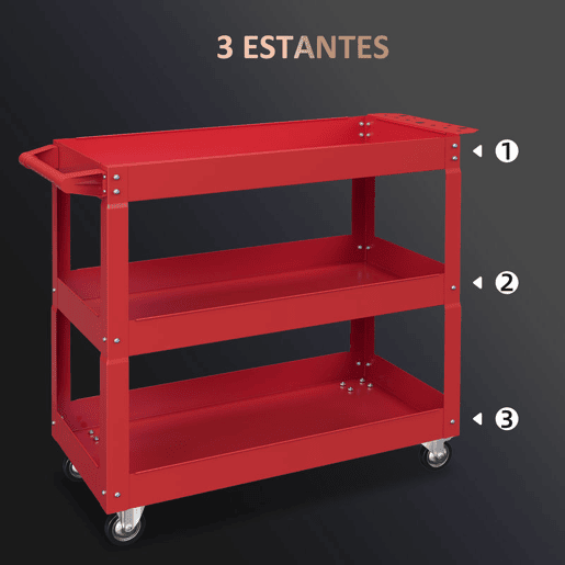 DURHAND Carrinho de Ferramentas com Rodas Carro de Ferramentas de Oficina de Aço com 3 Prateleiras de Armazenamento e Alça Lateral para Garagem Oficina Carga Máxima 150kg 83x35,3x76 cm Vermelho