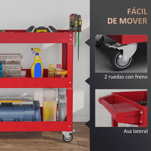 DURHAND Carrinho de Ferramentas com Rodas Carro de Ferramentas de Oficina de Aço com 3 Prateleiras de Armazenamento e Alça Lateral para Garagem Oficina Carga Máxima 150kg 83x35,3x76 cm Vermelho