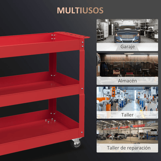 DURHAND Carrinho de Ferramentas com Rodas Carro de Ferramentas de Oficina de Aço com 3 Prateleiras de Armazenamento e Alça Lateral para Garagem Oficina Carga Máxima 150kg 83x35,3x76 cm Vermelho