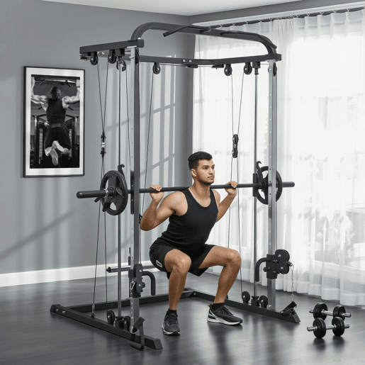 SPORTNOW Máquina Multi Estação de Musculação Máquina de Musculação com Suporte para Agachamentos e Barra para Pesos Máquina Multi Estação para Treino Fitness em Casa 210x132x225 cm Preto