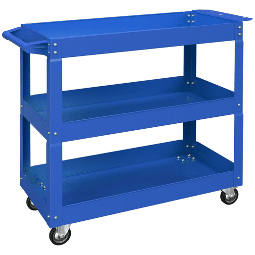 DURHAND Carrinho de Ferramentas com Rodas Carro de Ferramentas de Oficina de Aço com 3 Prateleiras de Armazenamento e Alça Lateral para Garagem Oficina Carga Máxima 150kg 83x35,3x76 cm Azul