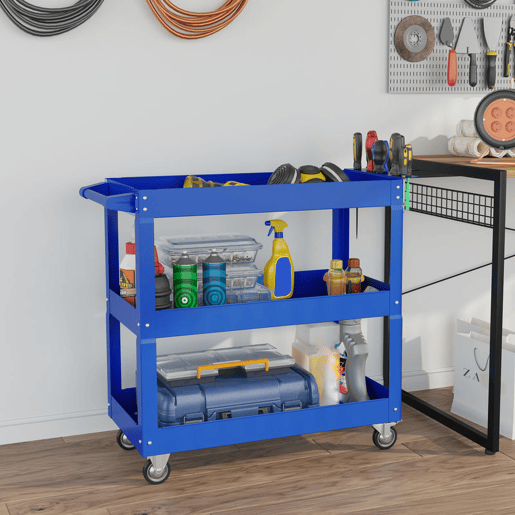 DURHAND Carrinho de Ferramentas com Rodas Carro de Ferramentas de Oficina de Aço com 3 Prateleiras de Armazenamento e Alça Lateral para Garagem Oficina Carga Máxima 150kg 83x35,3x76 cm Azul