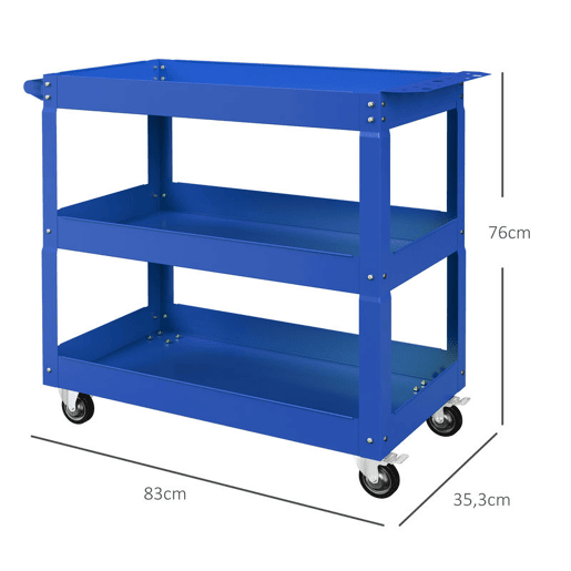 DURHAND Carrinho de Ferramentas com Rodas Carro de Ferramentas de Oficina de Aço com 3 Prateleiras de Armazenamento e Alça Lateral para Garagem Oficina Carga Máxima 150kg 83x35,3x76 cm Azul