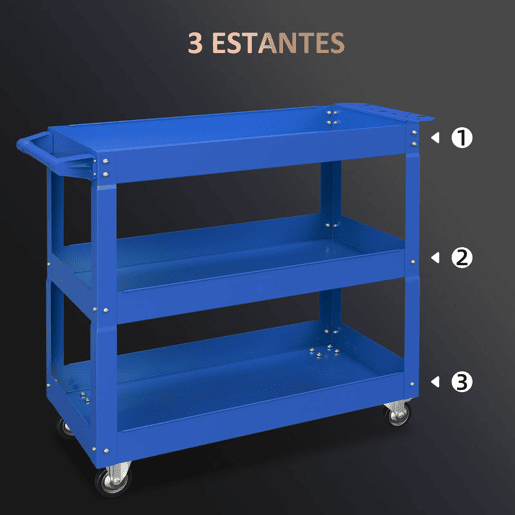 DURHAND Carrinho de Ferramentas com Rodas Carro de Ferramentas de Oficina de Aço com 3 Prateleiras de Armazenamento e Alça Lateral para Garagem Oficina Carga Máxima 150kg 83x35,3x76 cm Azul