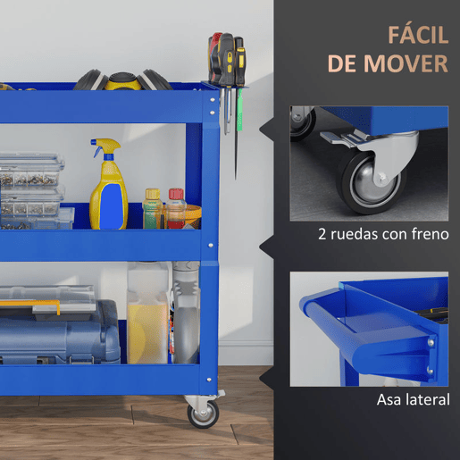 DURHAND Carrinho de Ferramentas com Rodas Carro de Ferramentas de Oficina de Aço com 3 Prateleiras de Armazenamento e Alça Lateral para Garagem Oficina Carga Máxima 150kg 83x35,3x76 cm Azul