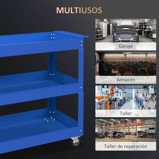 DURHAND Carrinho de Ferramentas com Rodas Carro de Ferramentas de Oficina de Aço com 3 Prateleiras de Armazenamento e Alça Lateral para Garagem Oficina Carga Máxima 150kg 83x35,3x76 cm Azul