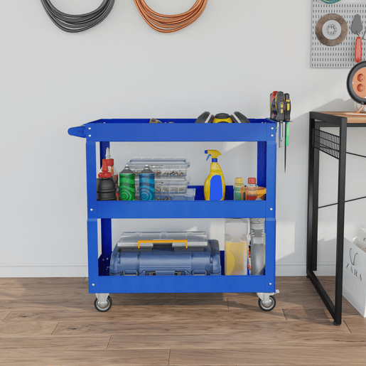 DURHAND Carrinho de Ferramentas com Rodas Carro de Ferramentas de Oficina de Aço com 3 Prateleiras de Armazenamento e Alça Lateral para Garagem Oficina Carga Máxima 150kg 83x35,3x76 cm Azul